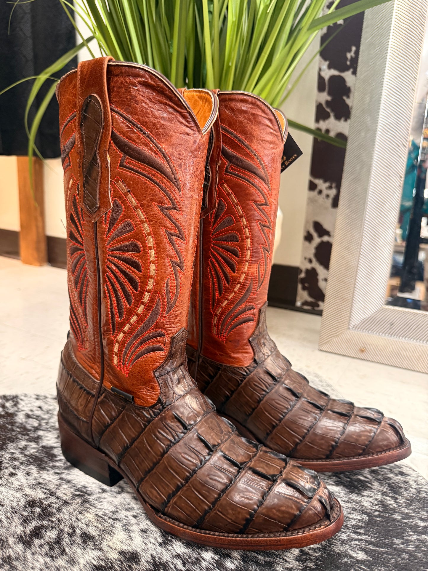 Men’s Brown Crocodile Print Cowboy Boots – Round Toe