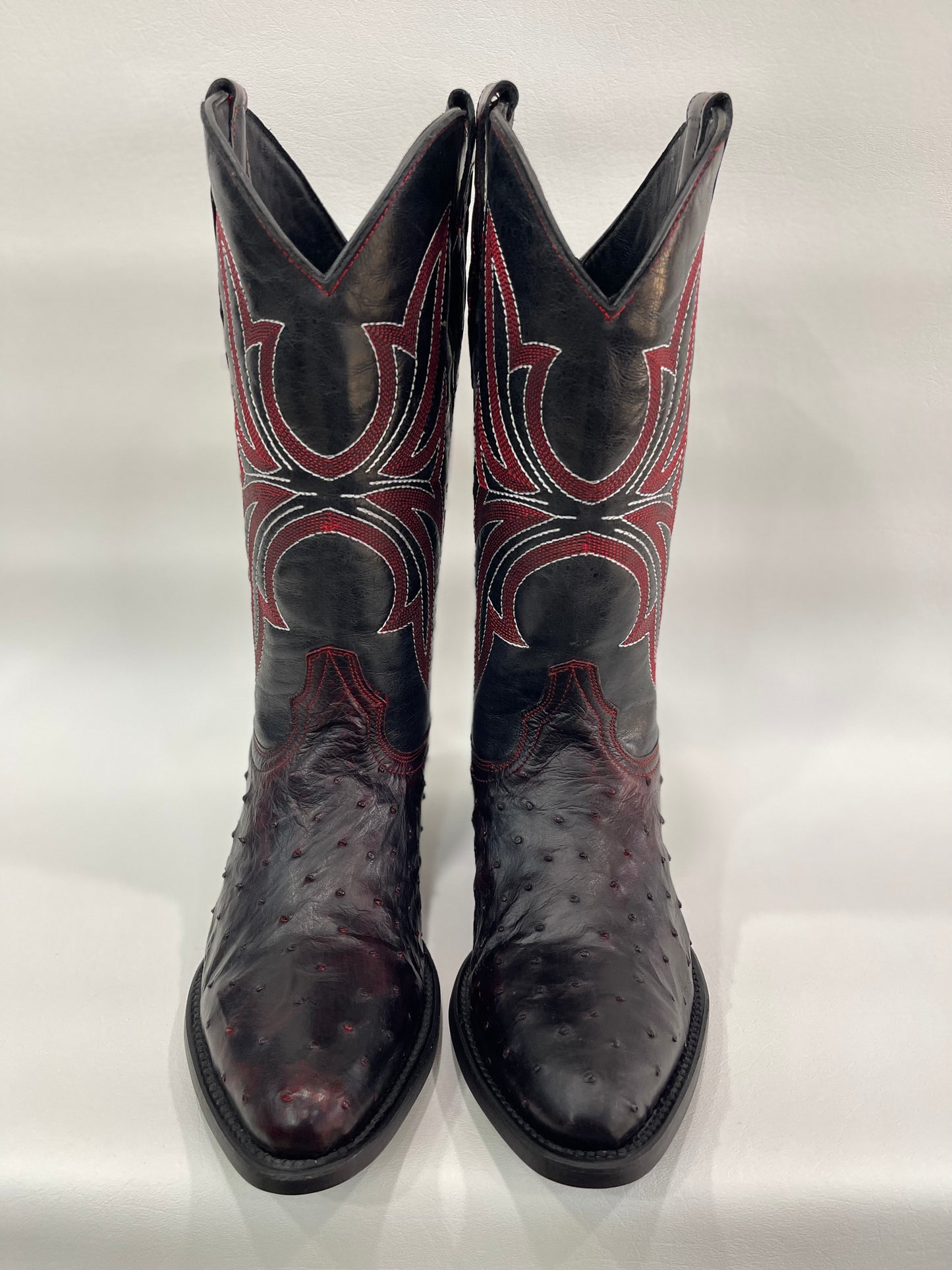 Men’s Genuine Exotic Full Quill Ostrich   Black Cherry Round Toe Boot