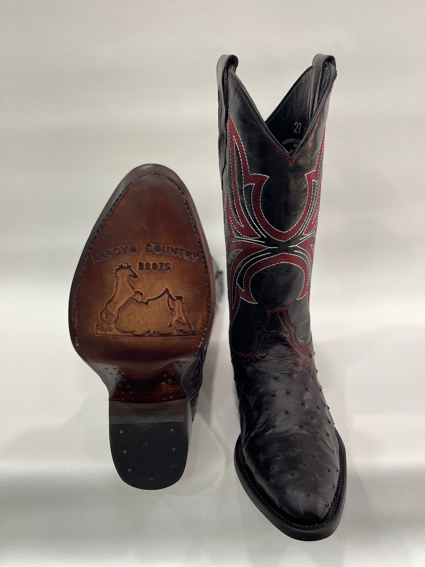 Men’s Genuine Exotic Full Quill Ostrich   Black Cherry Round Toe Boot