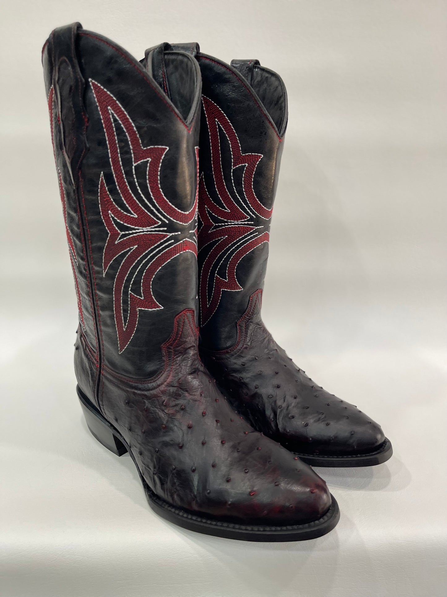 Men’s Genuine Exotic Full Quill Ostrich   Black Cherry Round Toe Boot