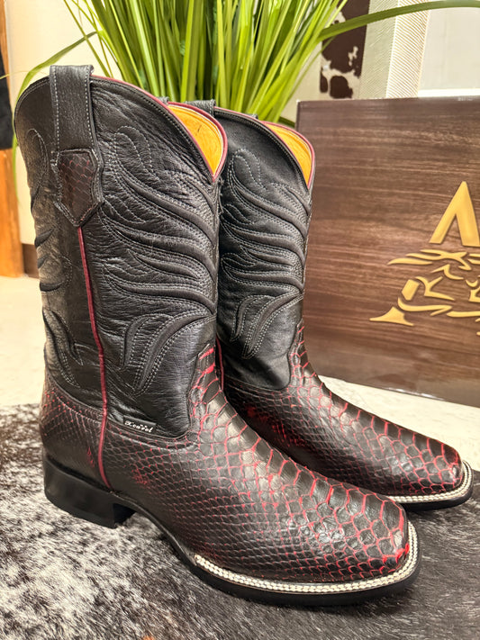 Men’s Python Exotic Black and Red Boots Square-Toe