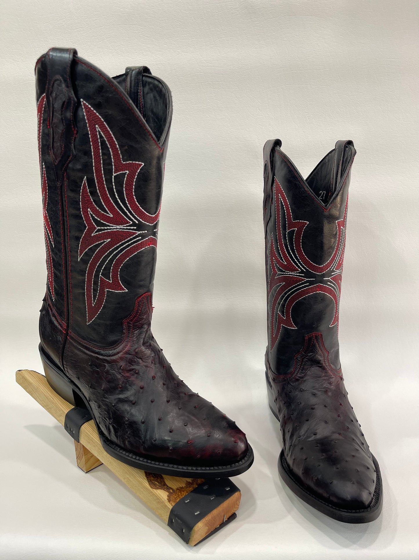 Men’s Genuine Exotic Full Quill Ostrich   Black Cherry Round Toe Boot