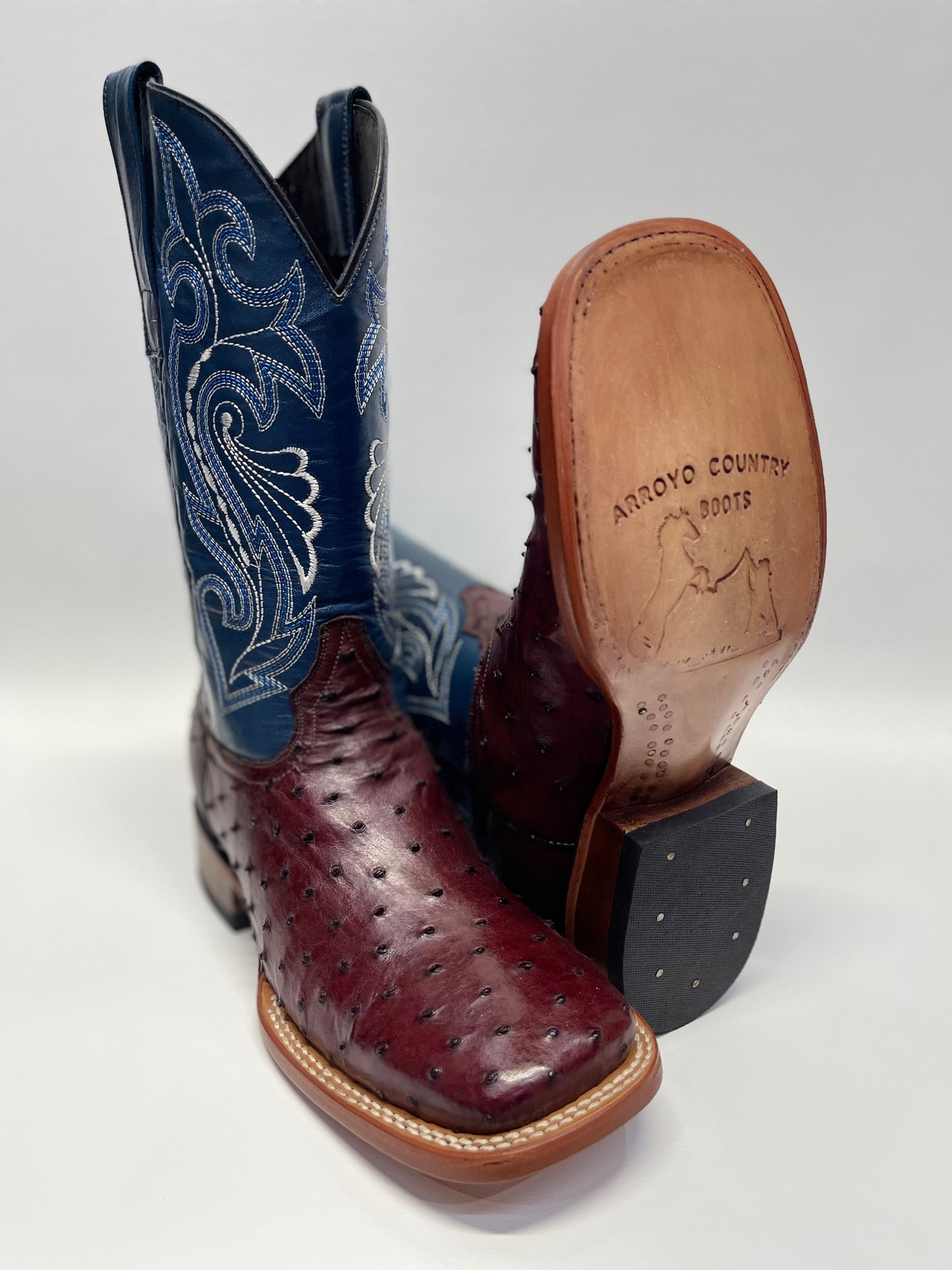 Men’s Wine Full Quill Ostrich Square Toe Exotic Boot