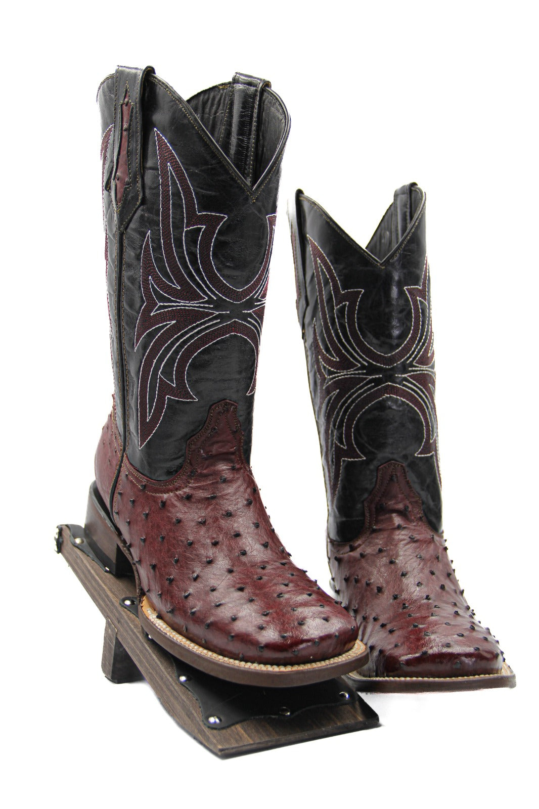 Men’s Wine Full Quill Ostrich Square Toe Exotic Boot