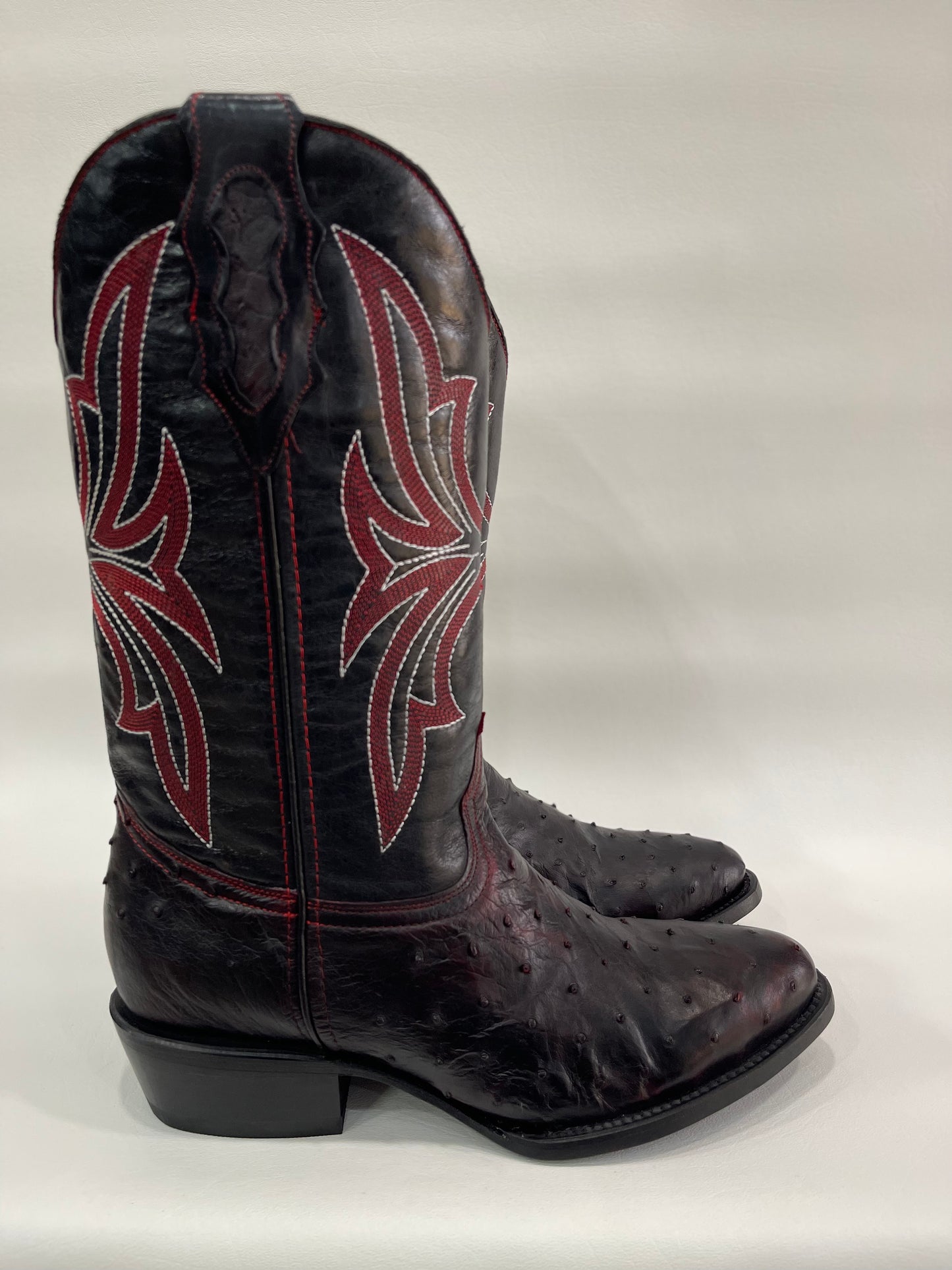 Men’s Genuine Exotic Full Quill Ostrich   Black Cherry Round Toe Boot