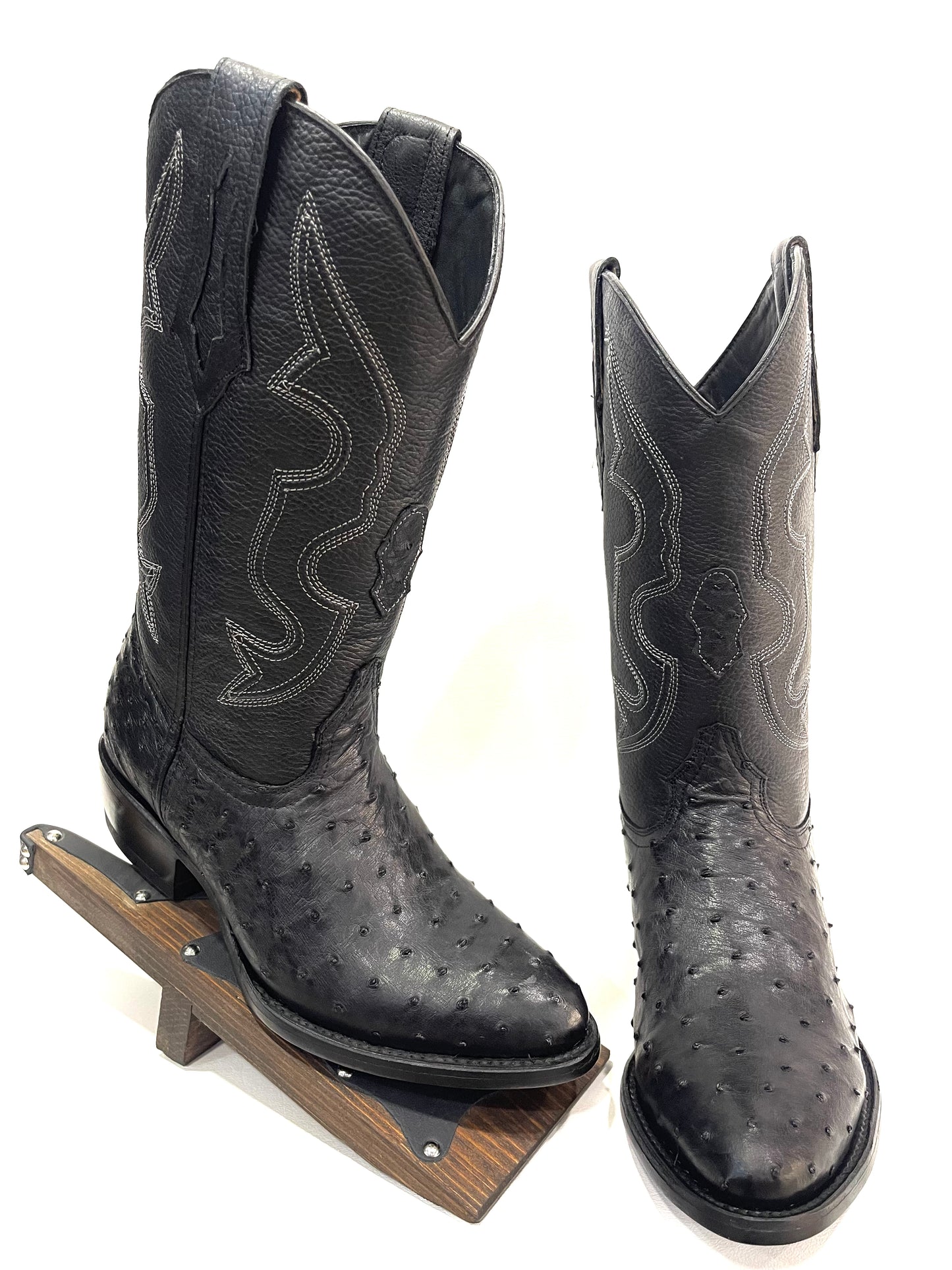 Men’s Black Full Quill Ostrich Round Toe Exotic Boot