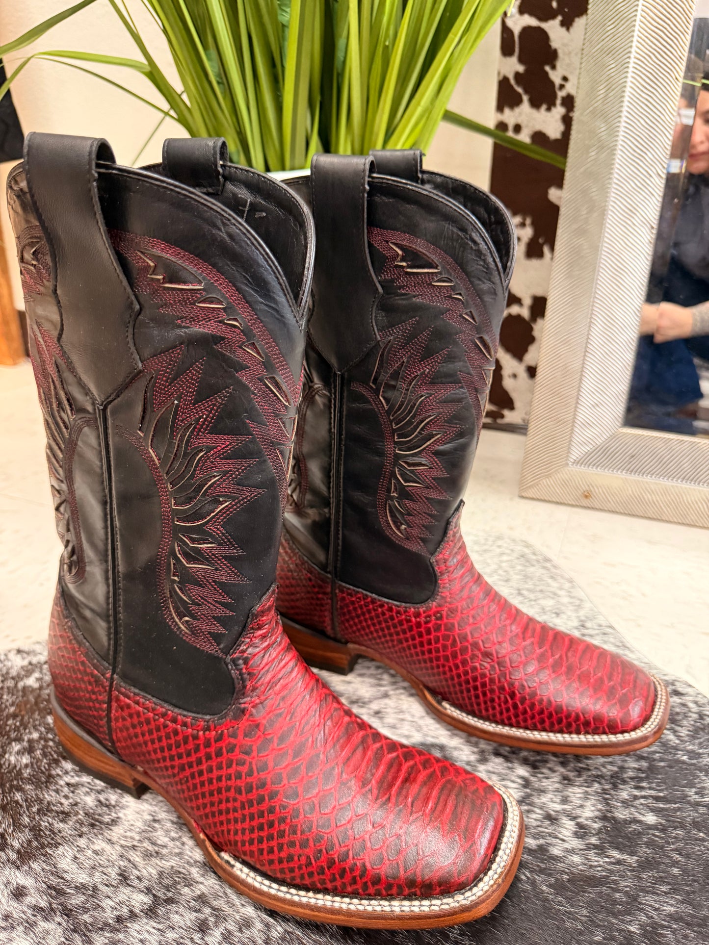 Men’s Black and Red Python Print Cowboy Boots – Square Toe