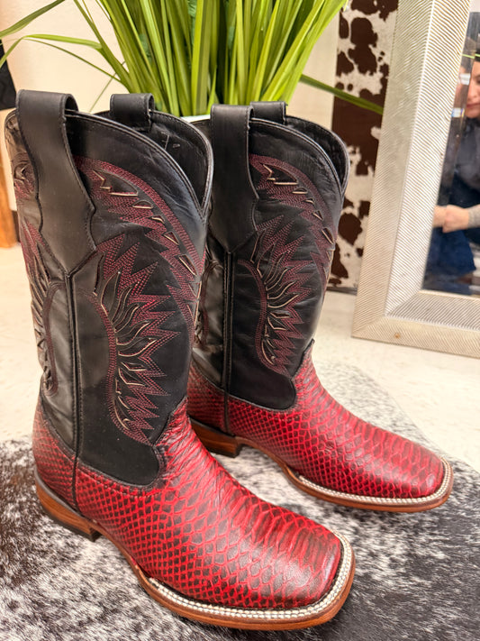 Men’s Black and Red Python Print Cowboy Boots – Square Toe